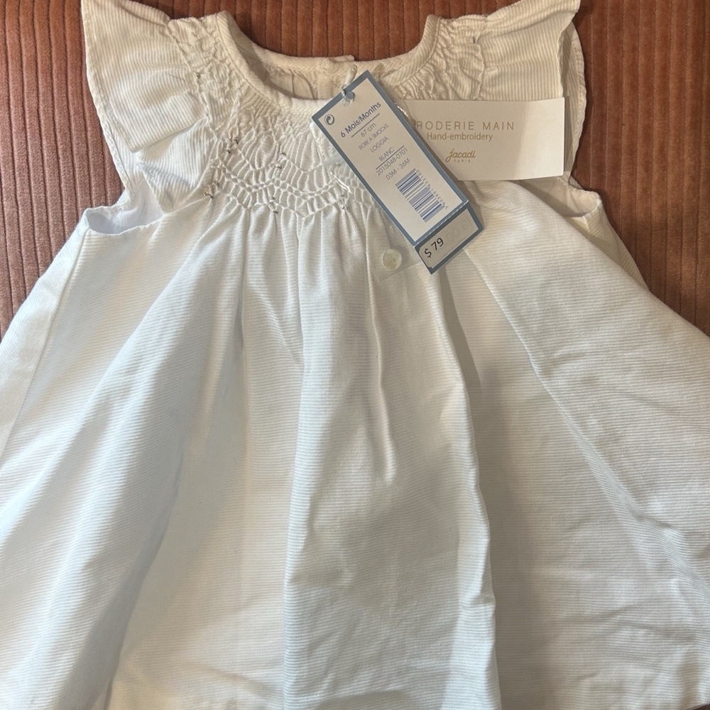 NWT Jacadi Paris Baby Girl Smocked Dress 6M White Hand Embroidered France